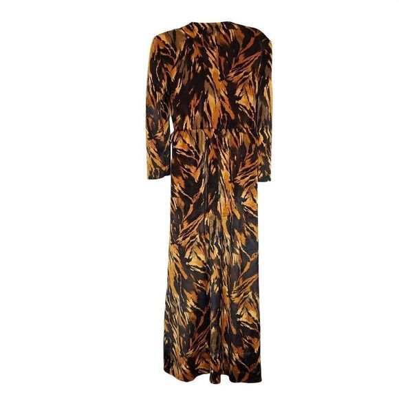 Vintage 70s Tiger Print Velour V Neck Dress Sz M Long Sleeve Brown Black - Picture 2 of 5